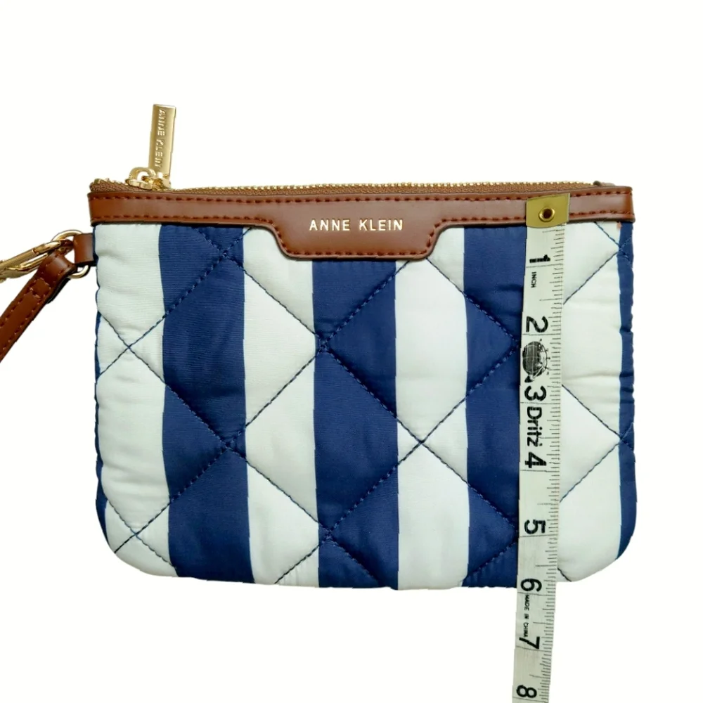 ANNE KLEIN Quilted Wristlet Pouch White Navy Stripes Faux Brown Leather Trim